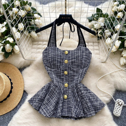 American Summer Women Camisole Halter Buttons Y2K Solid Slim Fit Tops Fashion Chic Tweed Design Hotsweet Tank Top