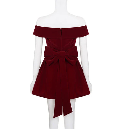 Fashion Red Bowknot Mini Dress Straps Square Collar Sleeveless Backless Vintage Cute Ladies Slim Party Short A-line Dresses