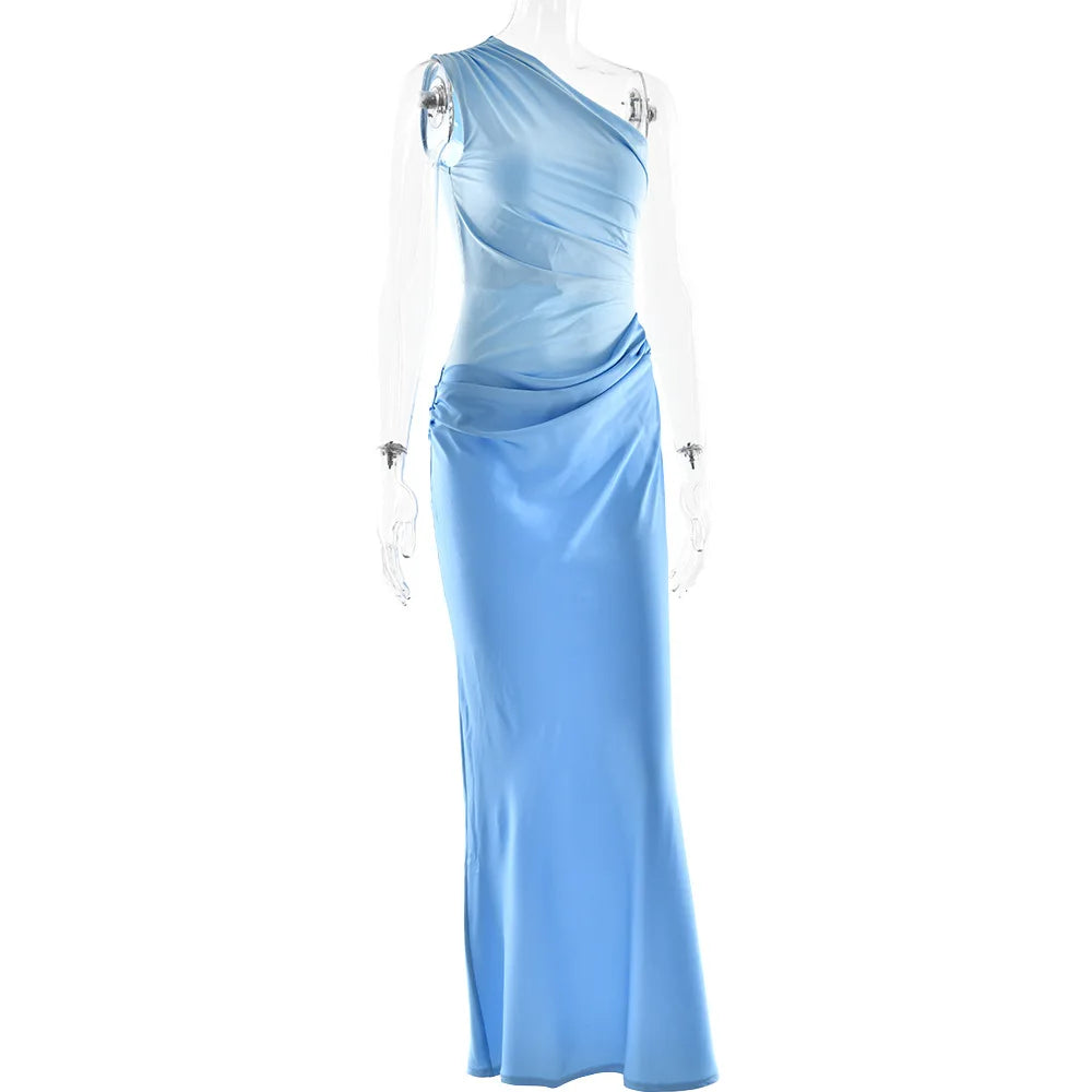 Patchwork Satin Sexy Dress Women One Shoulder Brown Sleeveless Evening Maxi Dress 2025 New Summer Elegant Party Clubwear Dresses