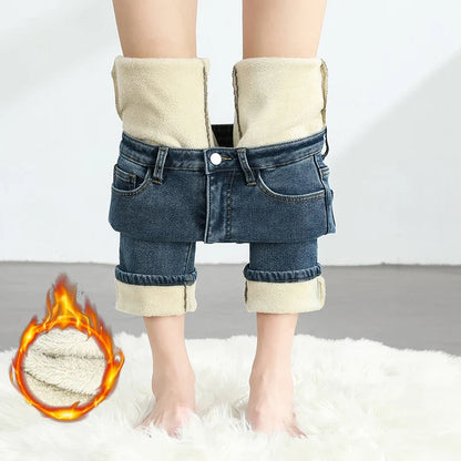 Women's Winter Fleece Warm Jeans Retro Elastic Thickened Comfortable Straight Fashion Korean Casual Female Velvet Denim Pants