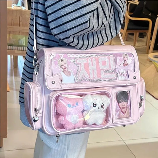 Japanese Solid Color Backpack Women Square Leather Y2K Mochilas Mujer Harajuku Large Capacity Ita Bag Anime Handle Crossbody