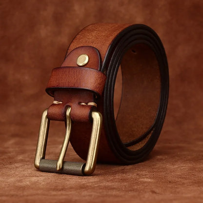 3.8CM Genuine Leather Belt Men Luxury Strap Male Fashion Pure Cowhide Copper Buckle Wild Classic Retro Pin Buckle High Quality