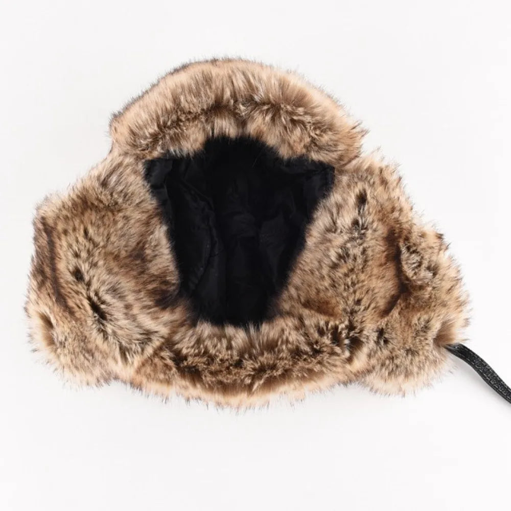New Leather Winter Hat Faux Fur Lined Pilot Ski Ushanka Thicken Warm Windproof Snow Cap With Ear Flap Men's Hats & Caps