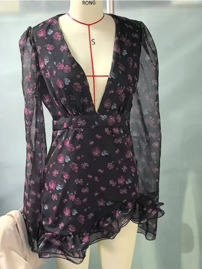 Flora Painted Ruffle Women Elegant Mini Dress Full Sleeve Deep V-neck Slim A-line Vestido 2026 Lady Holiday Street Robes New