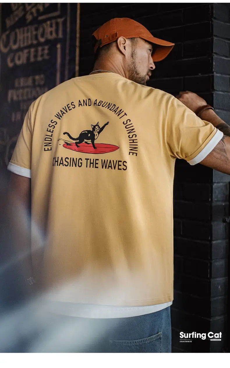 Vintage Foam Print Short Sleeves T-Shirt Men's Summer Heavyweight Yellow Cotton Tee Loose Fit Crew Neck Casual Street Tops