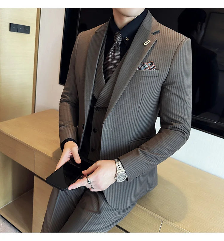 Luxury Stripe Men Suit Korean Version Fashion Elegant Slim Fit Tuxedo Formal Groom Wedding Social Suits