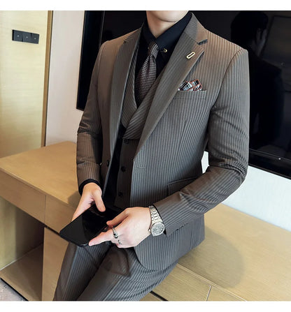 Luxury Stripe Men Suit Korean Version Fashion Elegant Slim Fit Tuxedo Formal Groom Wedding Social Suits