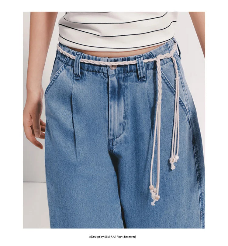 Women Jeans Soft Cool Belted Loose Wide Leg Denim Pants 2026 Summer Casual Daily