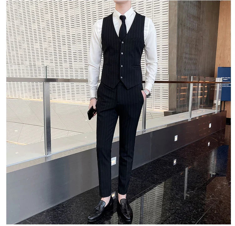 Winter Stripes Three-piece High-Grade Groom Wedding Suit with Vest And Trousers Business Fashion Handsome Casual Wedding Outfit