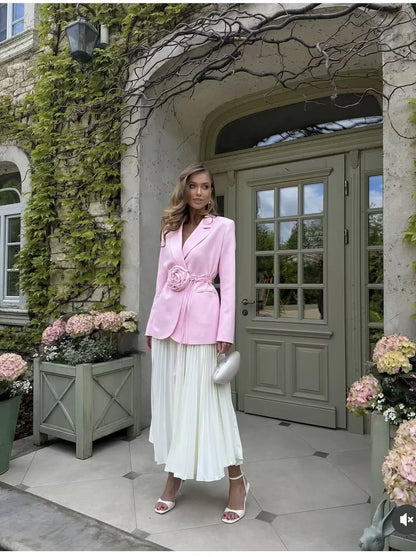 Women Notched Lapel Blazer with Floral Rose Belt Waist Tie Slim Long Sleeve Suit Jacket