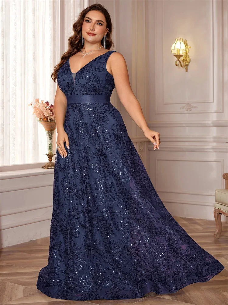 Plus Size Luxury Deep V-Neck Sequins Blue Evening Dress Women Elegant V-back Wedding Party Long Prom Cocktail Dresses