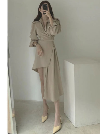 Early Autumn Shirt Dress Women's Mid-Length Asymmetrical Single-Button Notch Collar Slimming Style Commute Fashion