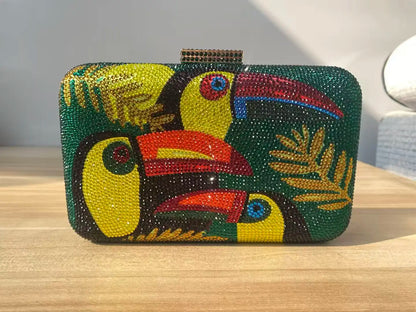 Novelty Toucan Bird Women Crystal Evening Bags Rhinestones Box Minaudiere Clutch Party Cocktail Handbag Diamond Chain Purse