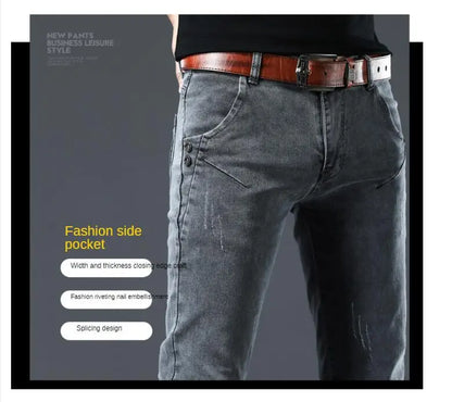 Winter Thick Plus Velvet Men Middle Waist Skinny Jeans Simple Fleece Warm Slim Fit Stretch Boy Casual Denim Pencil Pants