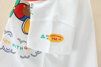 New Summer Suits for Baby Cartoon Print Kids Short Sleeve Letter Polo Shirts +denim Shorts Toddler Boy Casual Clothing Outfits