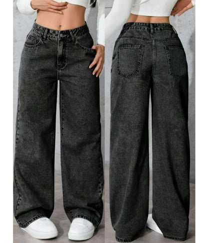 Women's Classic Wide Leg Stretch Jeans with Button  Soft Comfortable Autumn Winter Vintage Wash Stylish Jeans High Street Pants