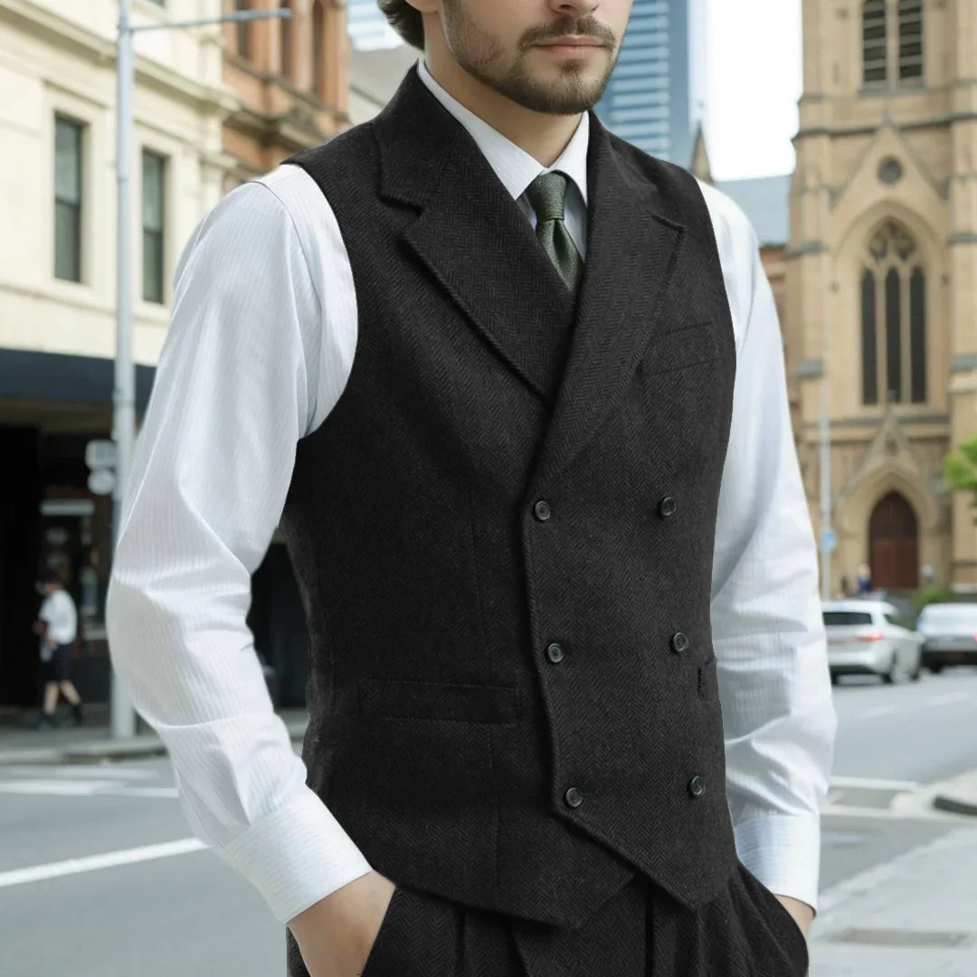 Men Vest Army Green Herringbone Double Button With Lapel Waistcoat For Wedding Business Office Work Daily Casual Men Suit Vest