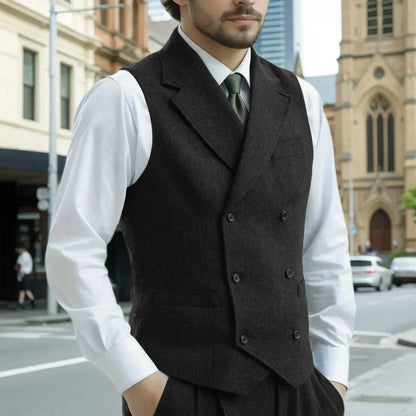 Men Vest Army Green Herringbone Double Button With Lapel Waistcoat For Wedding Business Office Work Daily Casual Men Suit Vest