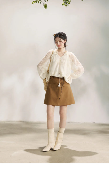 Women's Tassel Tie Flower Embroidered Blouse 2026 Spring V-Neck Lantern Sleeves Top Casual Loose Sheer Blouses MXF13X2525