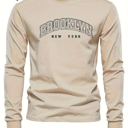 Men's 100% pure cotton loose and comfortable casual sports Brooklyn letter printed round neck long sleeved T-shirt top