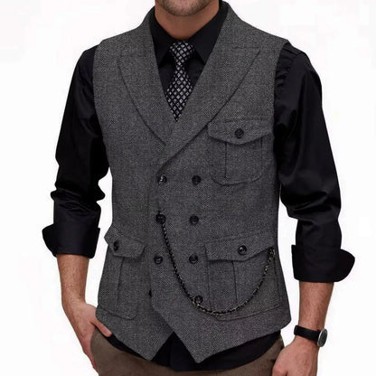 Men Vest GrayHerringbone Double Button With Pocket Waistcoat For Wedding Party Banquet Business Casual Daily Work Men Suit Vest