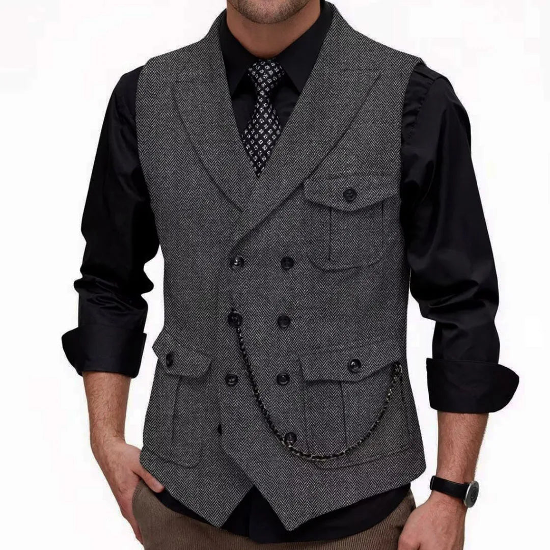 Men Vest GrayHerringbone Double Button With Pocket Waistcoat For Wedding Party Banquet Business Casual Daily Work Men Suit Vest