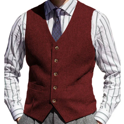 Men Vest Brown Herringbone Solid Color V Neck Waistcoat For Wedding Business Banquet Work Formal Daily Casual Men Suit Vest