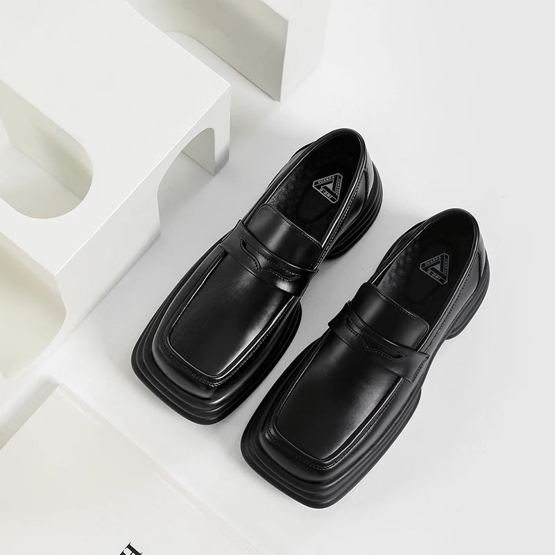Men Zipper Patent Leather Increase Loafers Shoe Japan Korean Streetwear Fashion Thick Sole Platform Vintage Style Leather Shoes