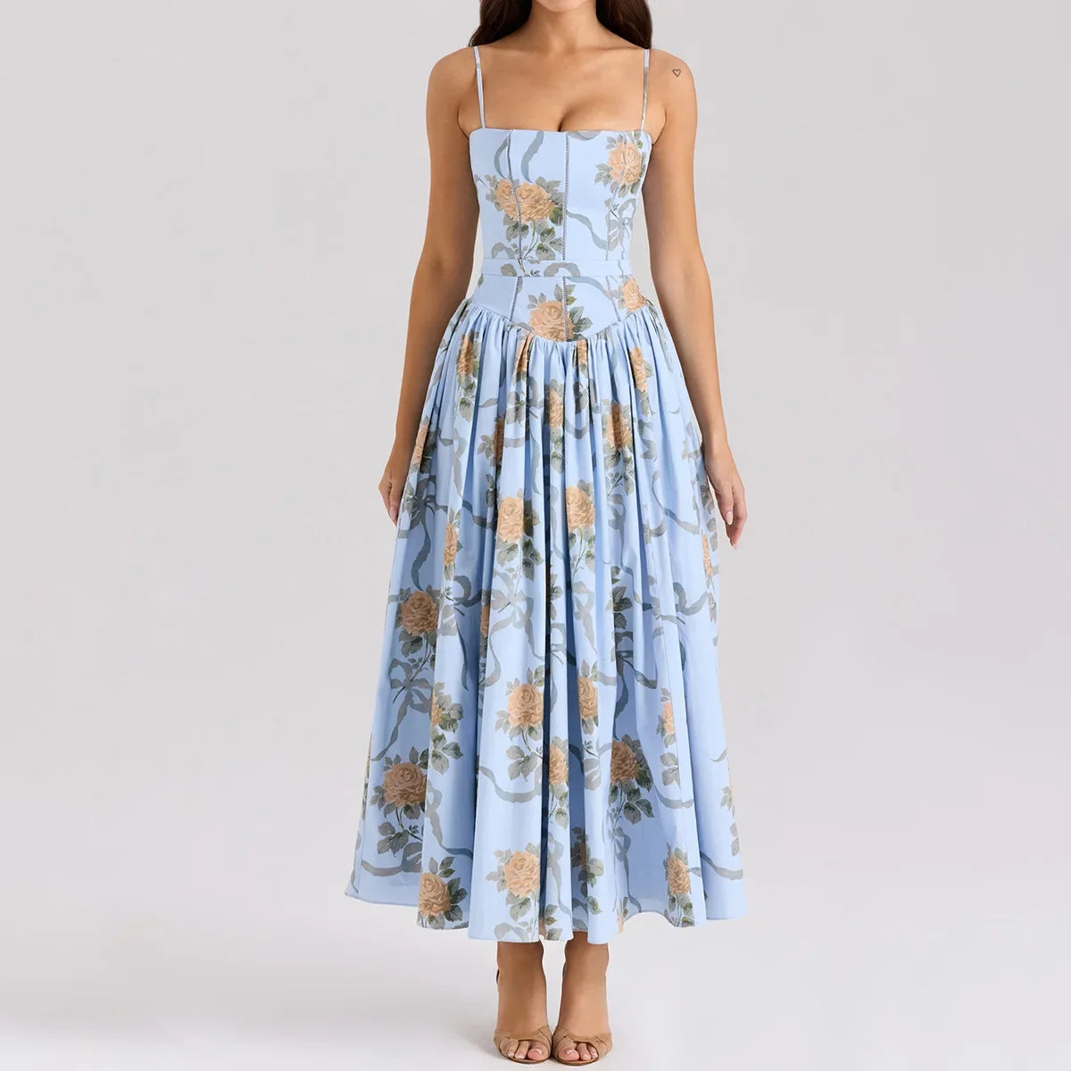 Summer Print Strappy Long Dress A-line Casual Beach Vacation Dress for Women