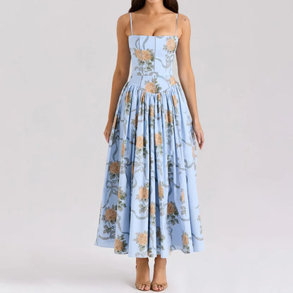 Summer Print Strappy Long Dress A-line Casual Beach Vacation Dress for Women
