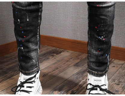 Fashion Streetwear Men Jeans Retro Black Blue Elastic Slim Fit Ripped Jeans Men Spliced Designer Embroidery Hip Hop Denim Pants