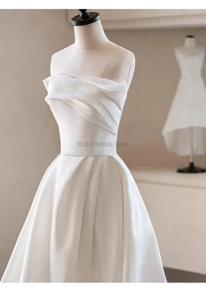 French Luxury White Satin Trailing Wedding Dresses for Bride 2026 Women Elegant Sexy Strapless Long Prom Party Dress Vestidos