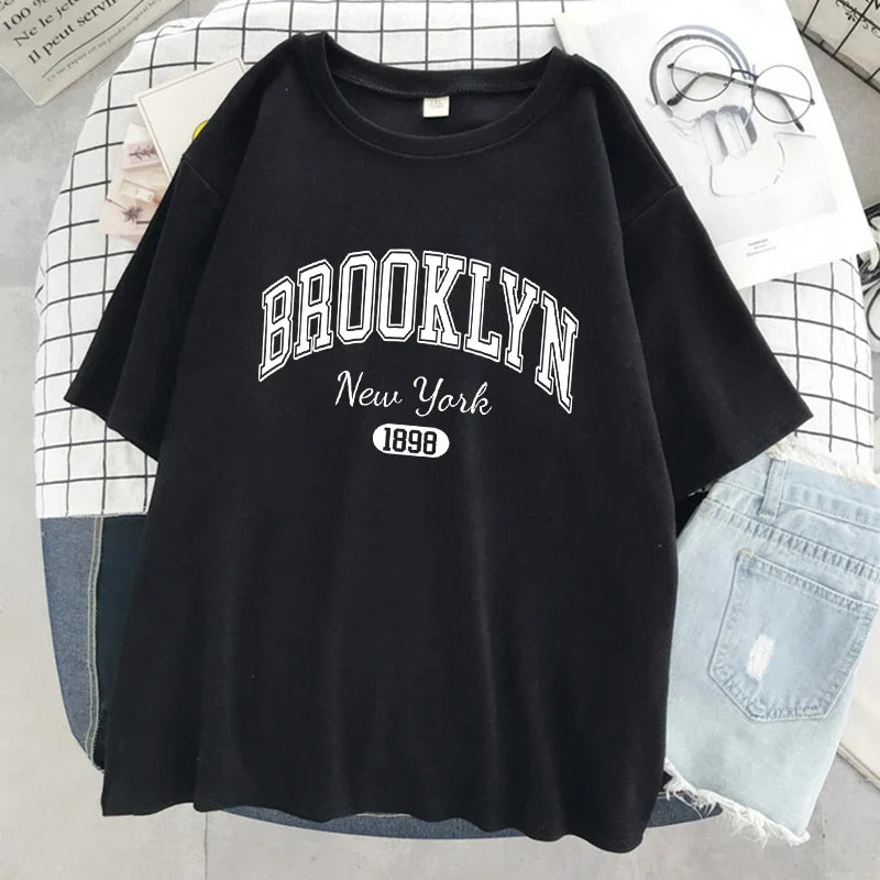 Brooklyn New York 1898 City Letter Print Female T-Shirt Street Breathable Tops Oversized Clothes Comfortable O-Neck Short Sleeve