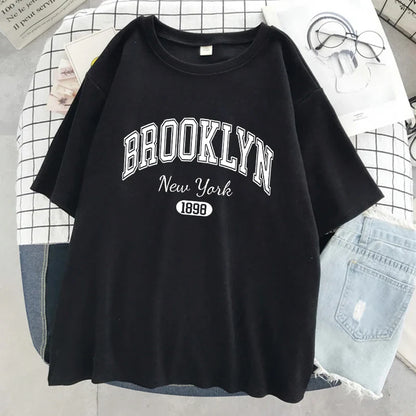 Brooklyn New York 1898 City Letter Print Female T-Shirt Street Breathable Tops Oversized Clothes Comfortable O-Neck Short Sleeve