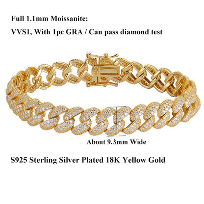 Full 1.1mm D Color Moissanite Cuban Bracelet For Man Women 925 Silver Pass Diamond Test 9.3mm Wide Link Chain Bracelets