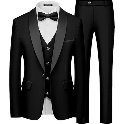 Men's 3 Pieces Shawl Collar Suits Blazer Vest Pants Slim Fit Tuxedo Suit Set One Button Formal  Jacket for Wedding Prom Party
