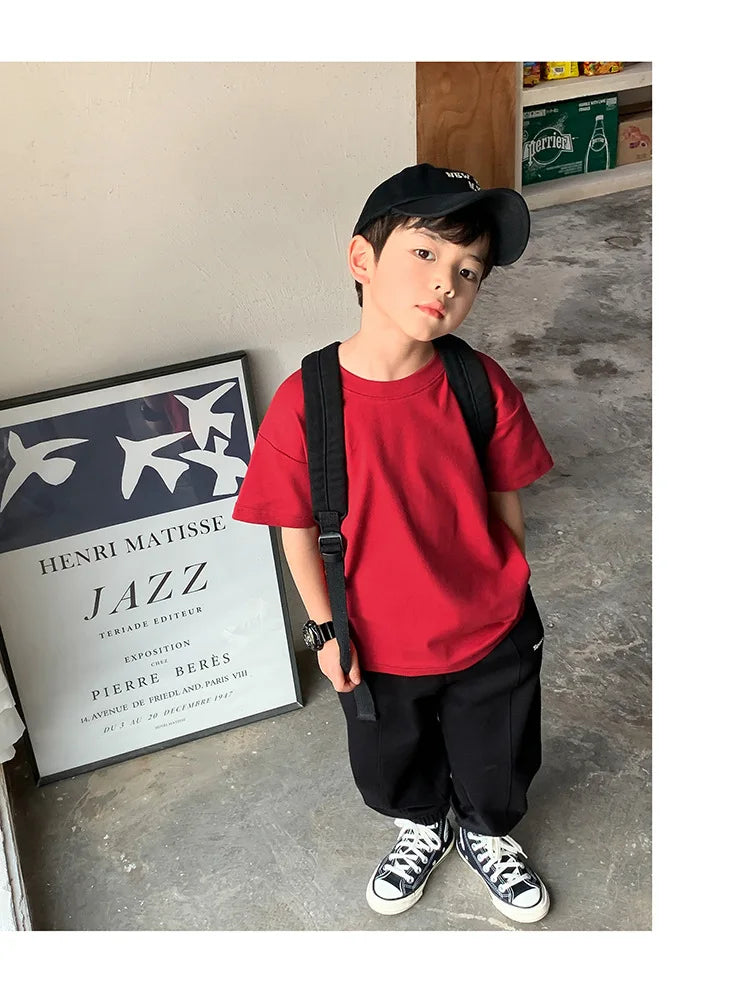 Summer Casual School Kids Cotton Plain Tee Tops Baby and Boys Short-Sleeved T-Shirt Children Outfit Clothing 1-16 Years