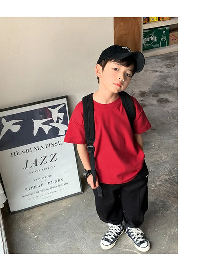Summer Casual School Kids Cotton Plain Tee Tops Baby and Boys Short-Sleeved T-Shirt Children Outfit Clothing 1-16 Years