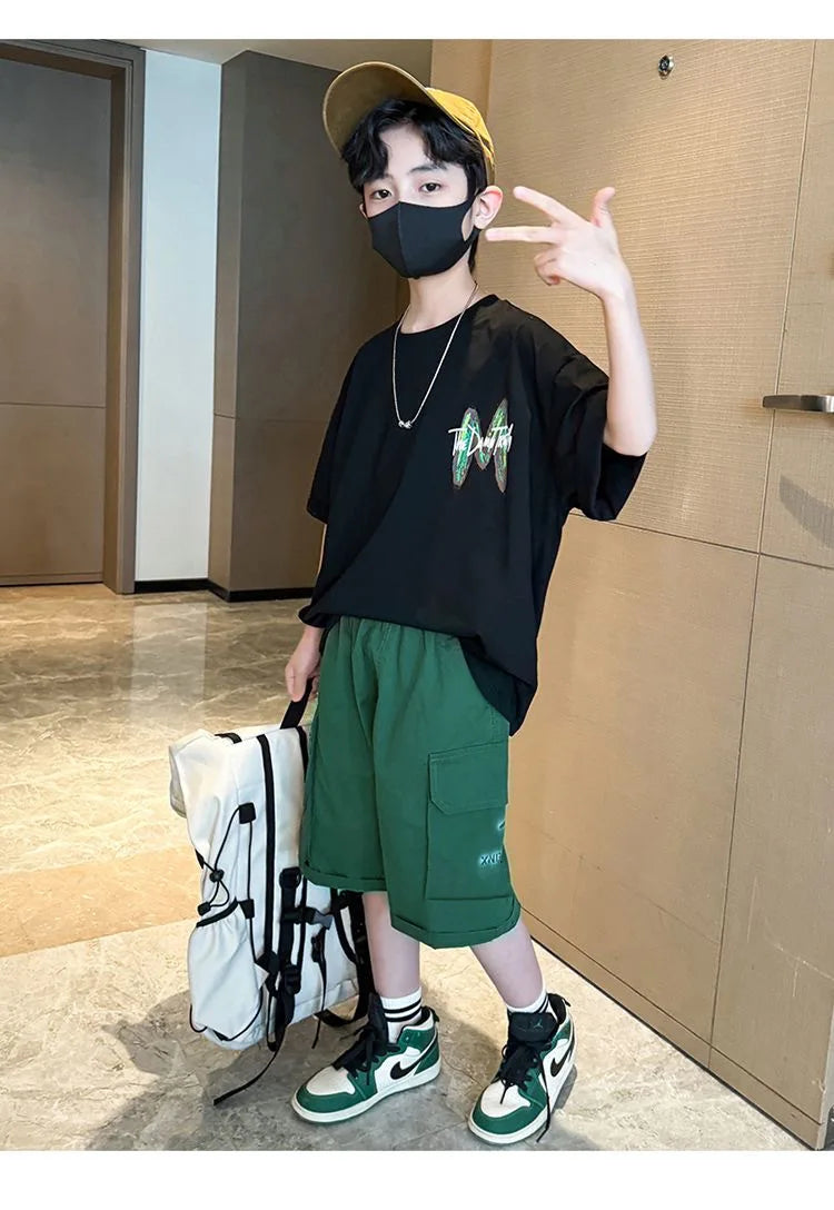 Summer Boys Cotton Leisure Loose Contrast Alphabet T-Shirt Top+Shorts Pant Set School Kids 2PCS Tracksuit Children Outfit 5-16Yr