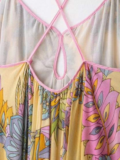 Sexy Floral Print Chiffon Print Loose Dress Women Cami Loose Beach Dress Fashion 2025 Summer Backless Female Dress