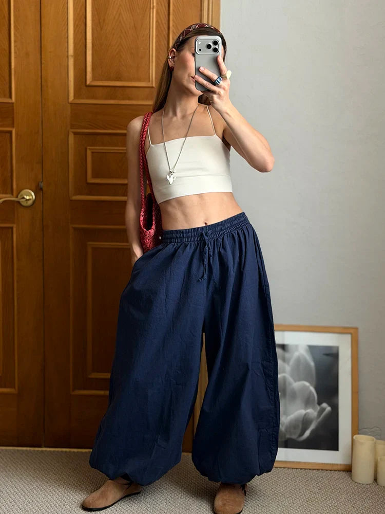 Summer Cotton Oversized Pants For Women Blue Baggy Aladdin Trousers Elastic Bloomers Navy Blue Cropped Lantern Harem Pants Woman