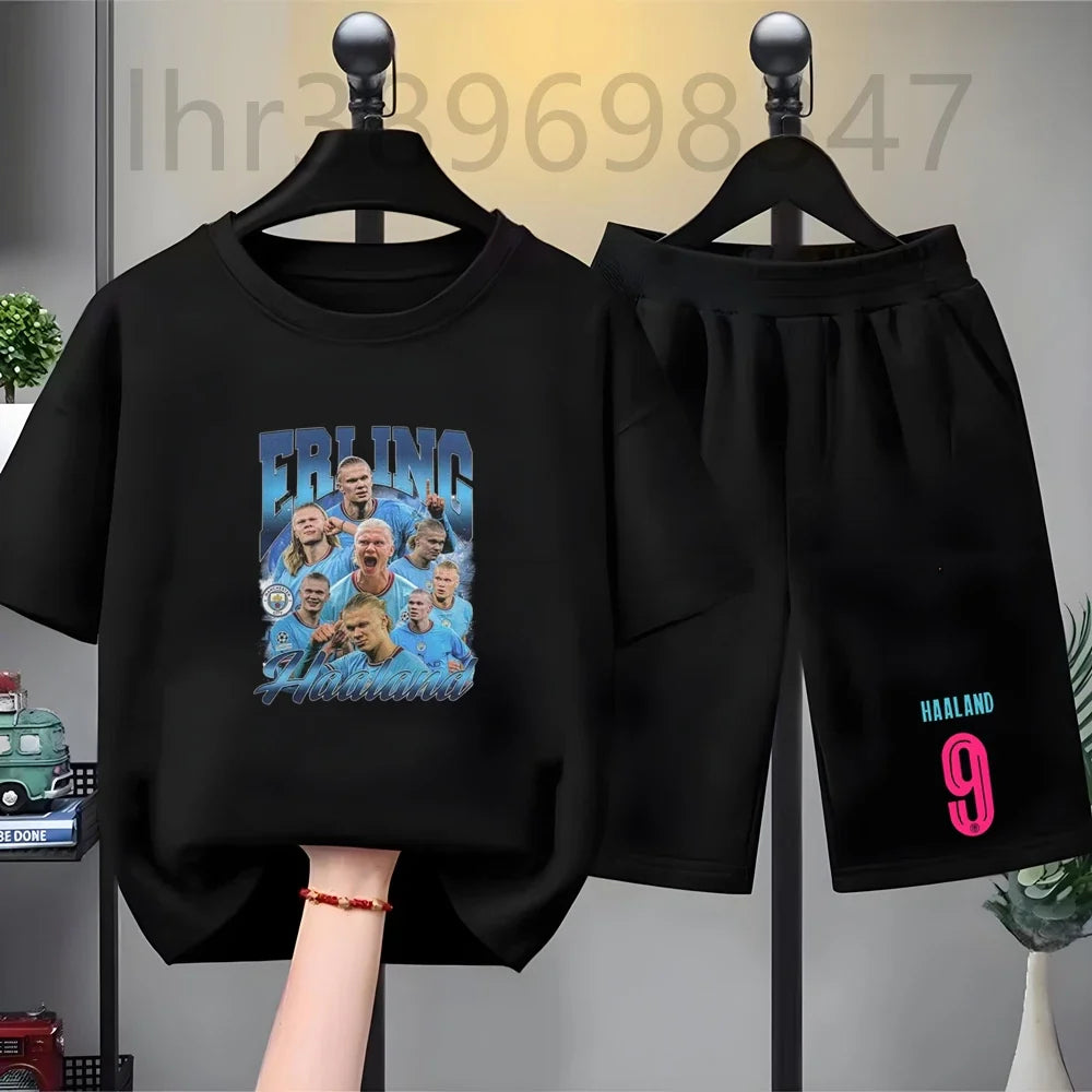 Summer Tees Football Famous General Print Set Suitable Children Short Sleeve Girls Boy Set Tshirt+Shorts 2pcs Kids Clothing