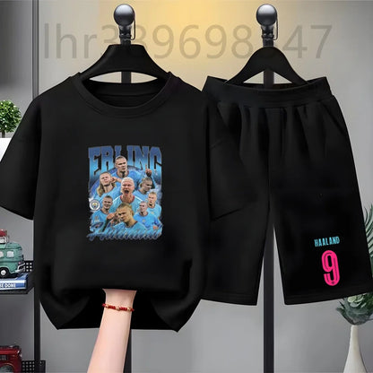 Summer Tees Football Famous General Print Set Suitable Children Short Sleeve Girls Boy Set Tshirt+Shorts 2pcs Kids Clothing