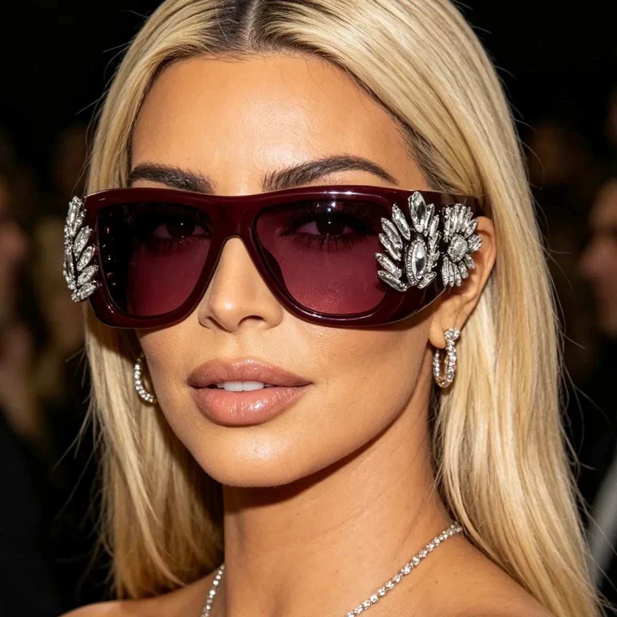 Women Oversized Square Cat Eye Sunglasses Luxury Rhinestone Floral Side Decor UV400 Thick Frame Shades for Party Nightclub