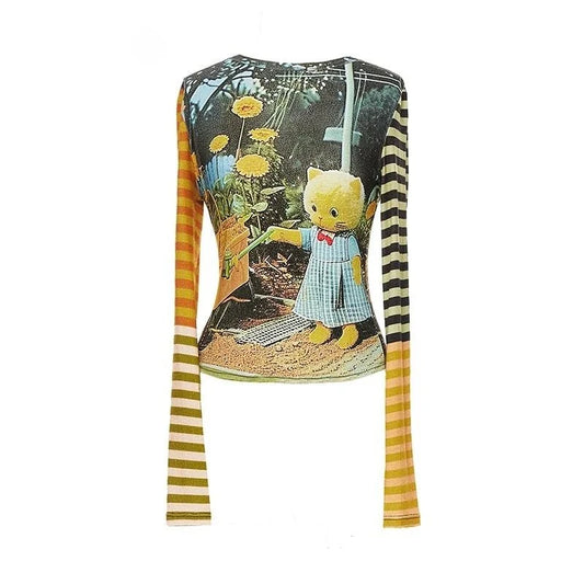 Deeptown Y2k Harajuku Cartoon T Shirts Women Kawaii Juminocore Graphic Tees Japanese Style 2000s Long Sleeve Tshirts Slim Up