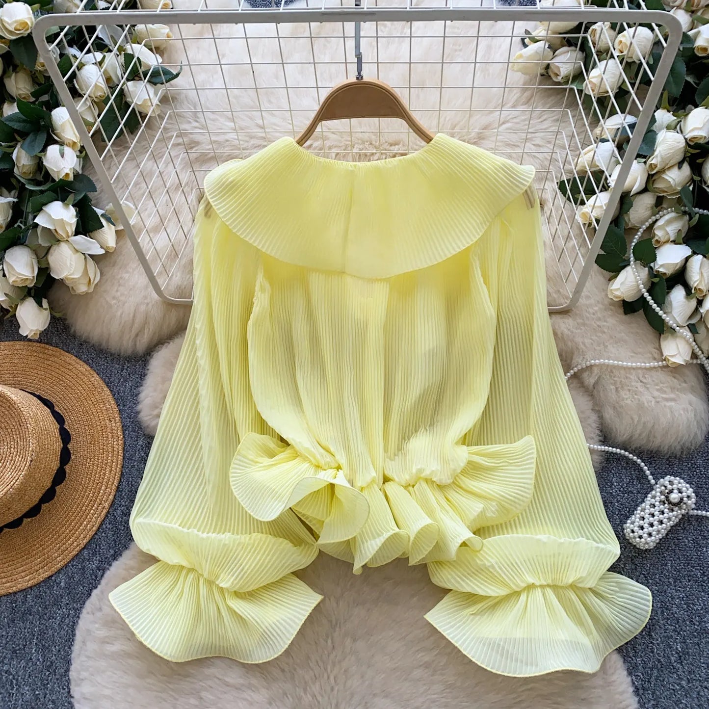 Ruffles Pleated Romantic Tops Thin Spring Summer V Neck French Elegant Blouse Fairycore Flowy Office Lady Luxury Shirt