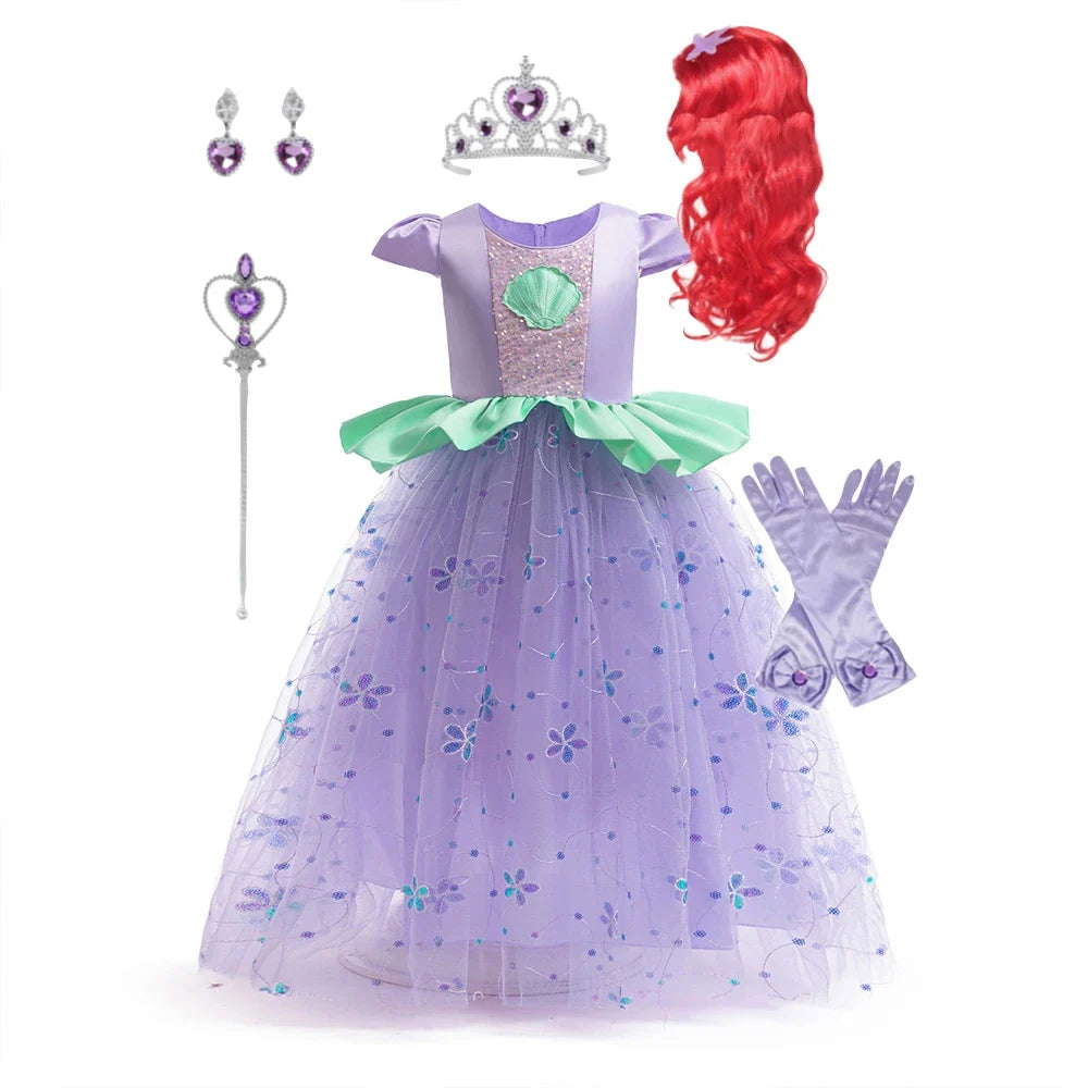 Little Mermaid Ariel Princess Costumes Young Girls Purple Dress Kids Cosplay Carnival Gown Birthday Tutu Dresses Summer New Wear