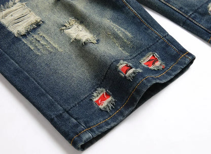 New Summer Vintage Washed Men Denim Shorts Casual Fashion Street Wear Ripped Hole Patches Distressed Male Straight Jeans Shorts