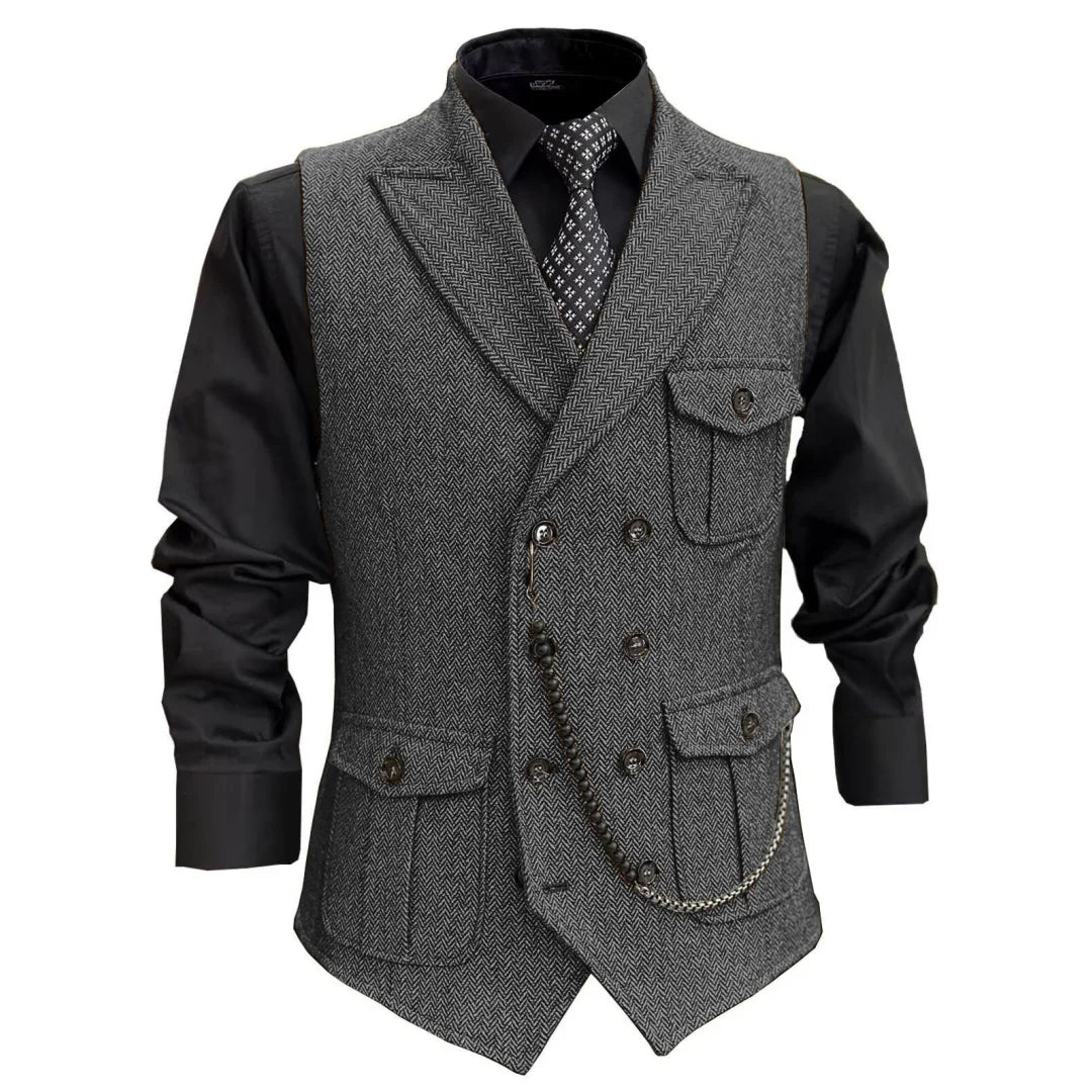 Men Vest GrayHerringbone Double Button With Pocket Waistcoat For Wedding Party Banquet Business Casual Daily Work Men Suit Vest