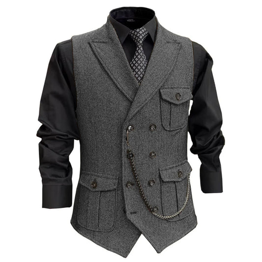 Men Vest GrayHerringbone Double Button With Pocket Waistcoat For Wedding Party Banquet Business Casual Daily Work Men Suit Vest